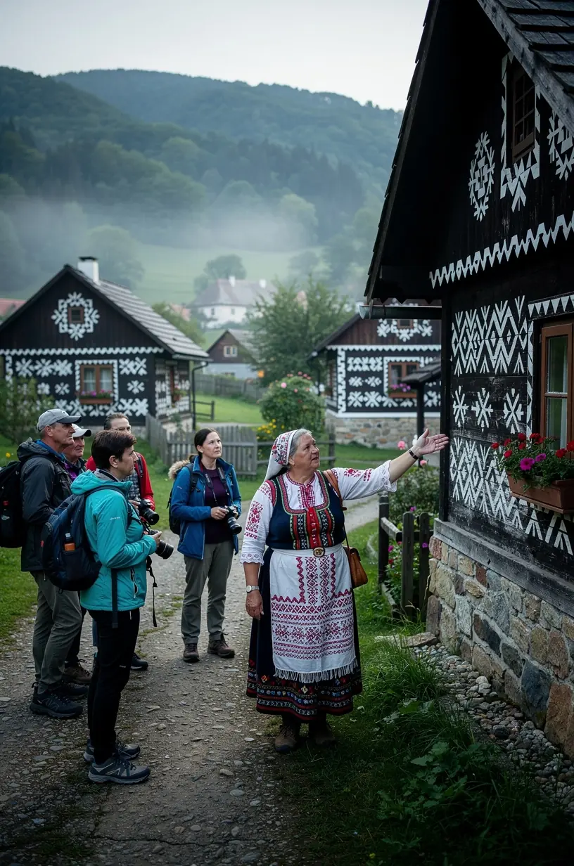Remeselník ukazuje návštevníkom tradičné slovenské ručné práce v malej dielni obklopenej prírodou a historickou architektúrou dedinského centra.